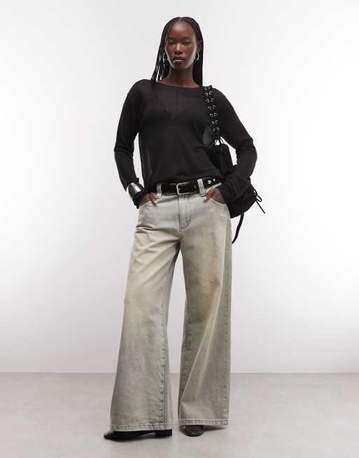 Weekday slash neck sheer knit top with front seam detail in black