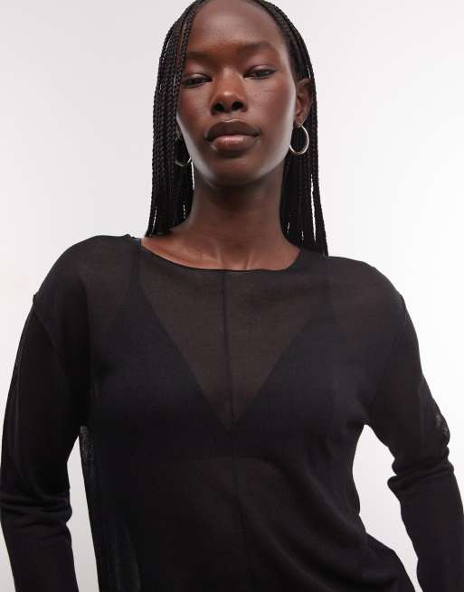 Weekday slash neck sheer knit top with front seam detail in black