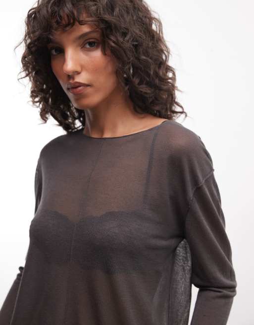 Weekday slash neck sheer knit top with front seam detail in dark grey, 3 of 4