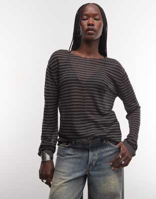 Weekday Slash Neck Sheer Knit Top With Front Seam Detail In Gray