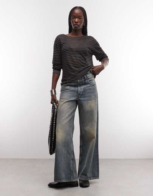 Weekday slash neck sheer knit top with front seam detail in grey stripe, 4 of 4