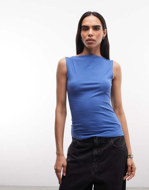Weekday slash neck tank top with open back in blue, 4 of 4