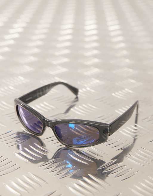 Weekday sleek rectangle sunglasses with blue lens in dark grey