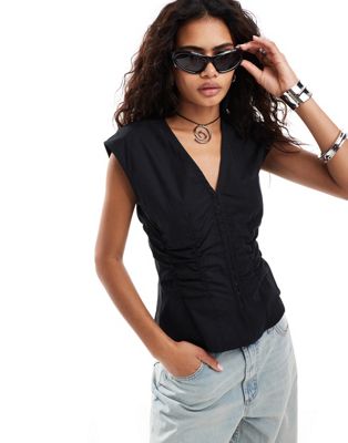 Weekday Sleeveless Blouse Top With V Neck And Hook And Eye Corset Waist Detail In Black
