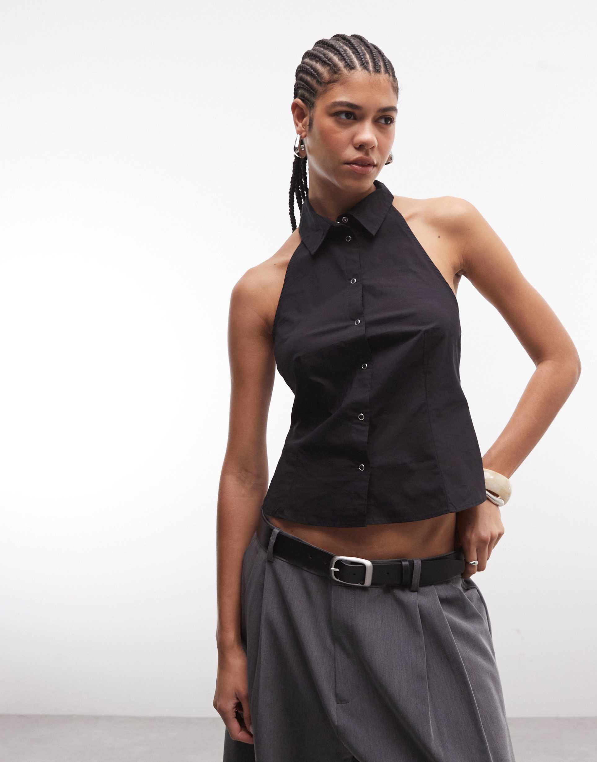 weekday sleeveless button down shirt in black