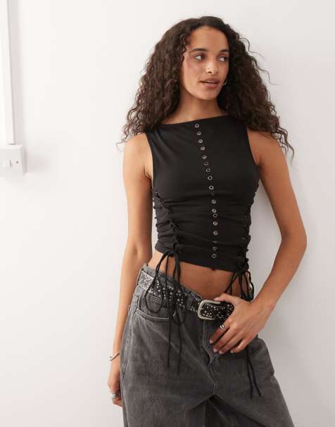 Weekday sleeveless eyelet top with tie up sides in black - view 1