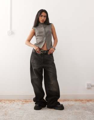 Weekday Sleeveless Funnel Neck Button Up Top In Multi