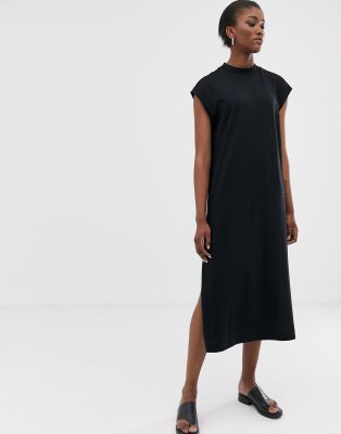 sleeveless midi jersey dress in black 