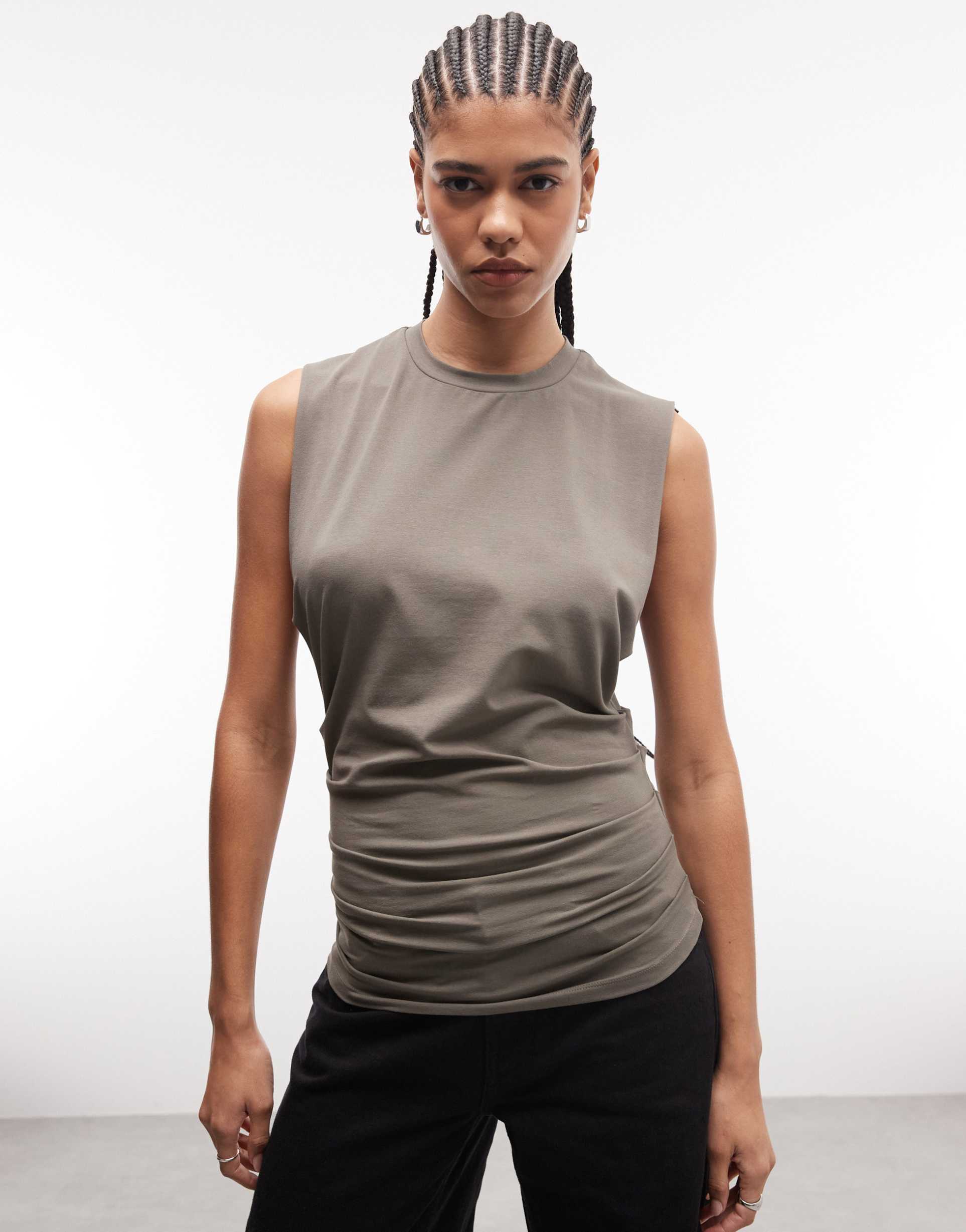 weekday sleeveless top with cinch gathered waist in gray