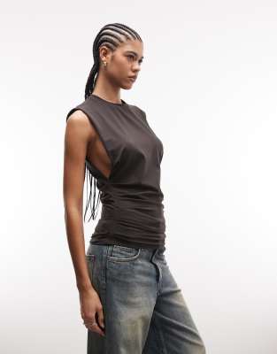 Weekday Sleeveless Top With Cinched Gathered Waist In Brown