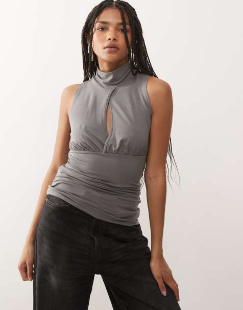 Weekday sleeveless turtleneck top with key hole detail in dark grey - view 1