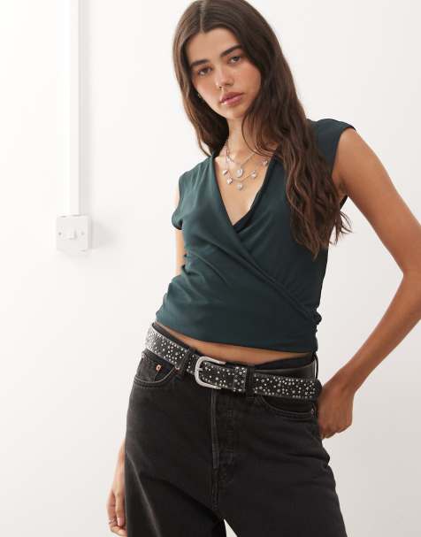 Weekday sleeveless wrap top in dark green exclusive to ASOS - view 1
