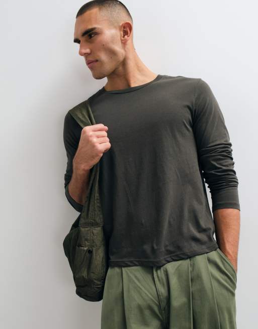 Weekday slightly shrunken fit long sleeve t-shirt in dark khaki, 3 of 5