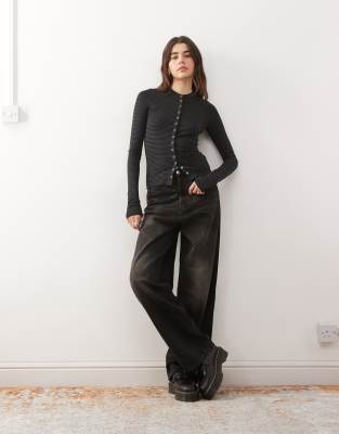Weekday Slim Fit Button Front Long Sleeve Top In Black