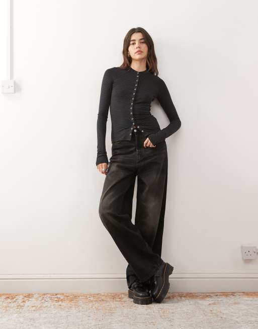 Weekday slim fit button front long sleeve top in black and grey stripe, 2 of 4