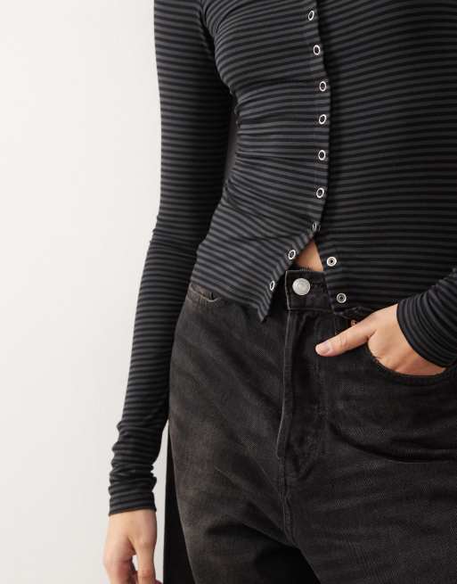 Weekday slim fit button front long sleeve top in black and grey stripe, 3 of 4