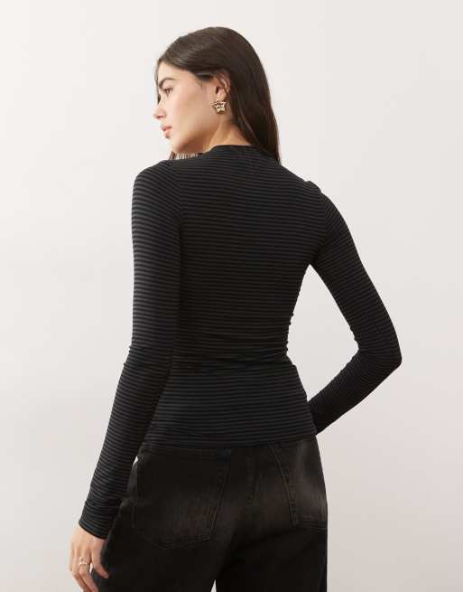 Weekday slim fit button front long sleeve top in black and grey stripe, 4 of 4