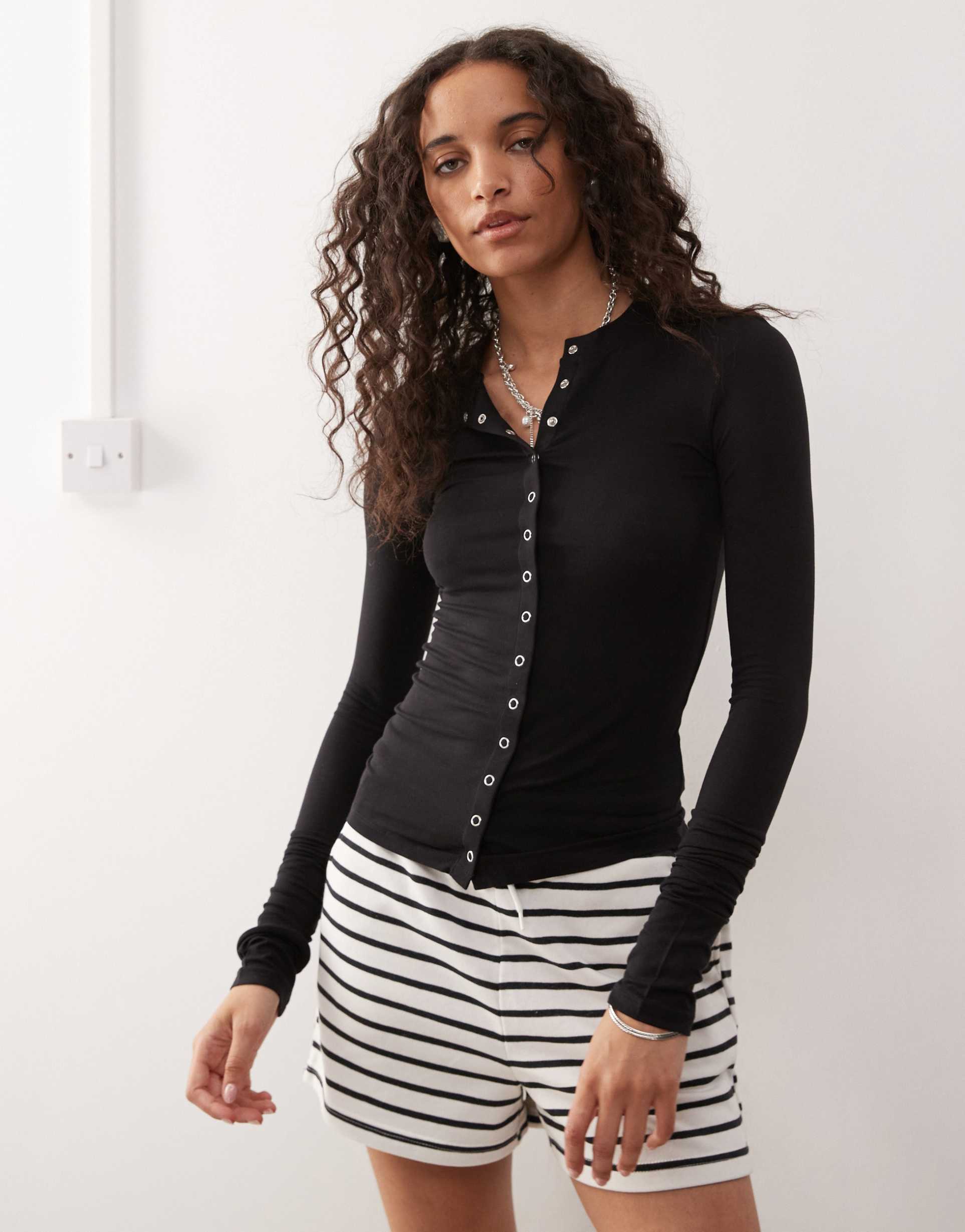 weekday slim fit button front long sleeve top in black
