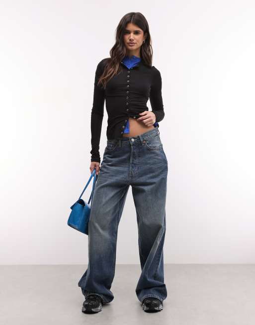 Weekday slim fit button front long sleeve top in black, 2 of 4