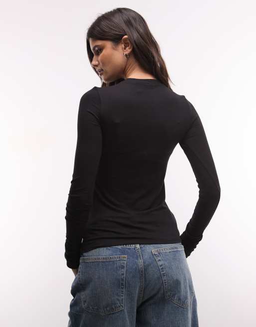 Weekday slim fit button front long sleeve top in black, 3 of 4
