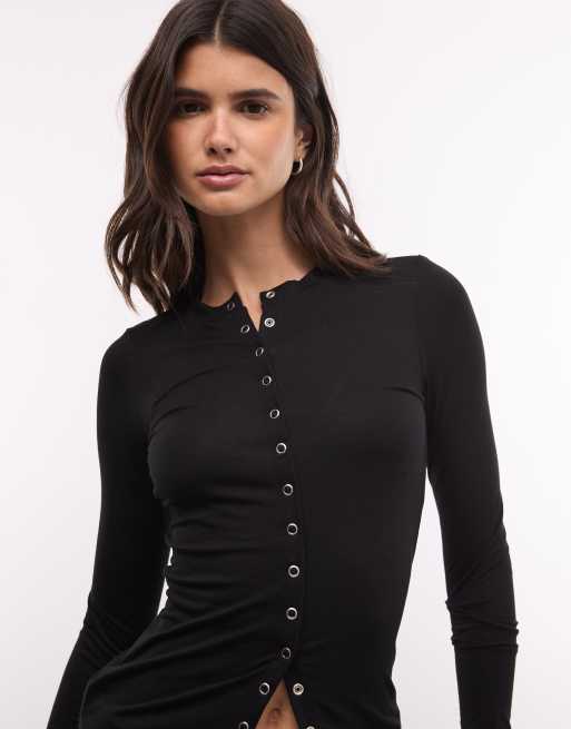 Weekday slim fit button front long sleeve top in black, 4 of 4
