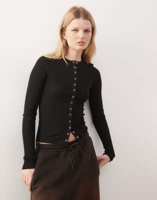 Weekday Slim Fit Button Front Long Sleeve Top In Black