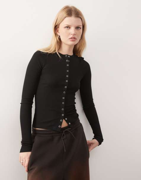Weekday slim fit button front long sleeve top in black - view 1