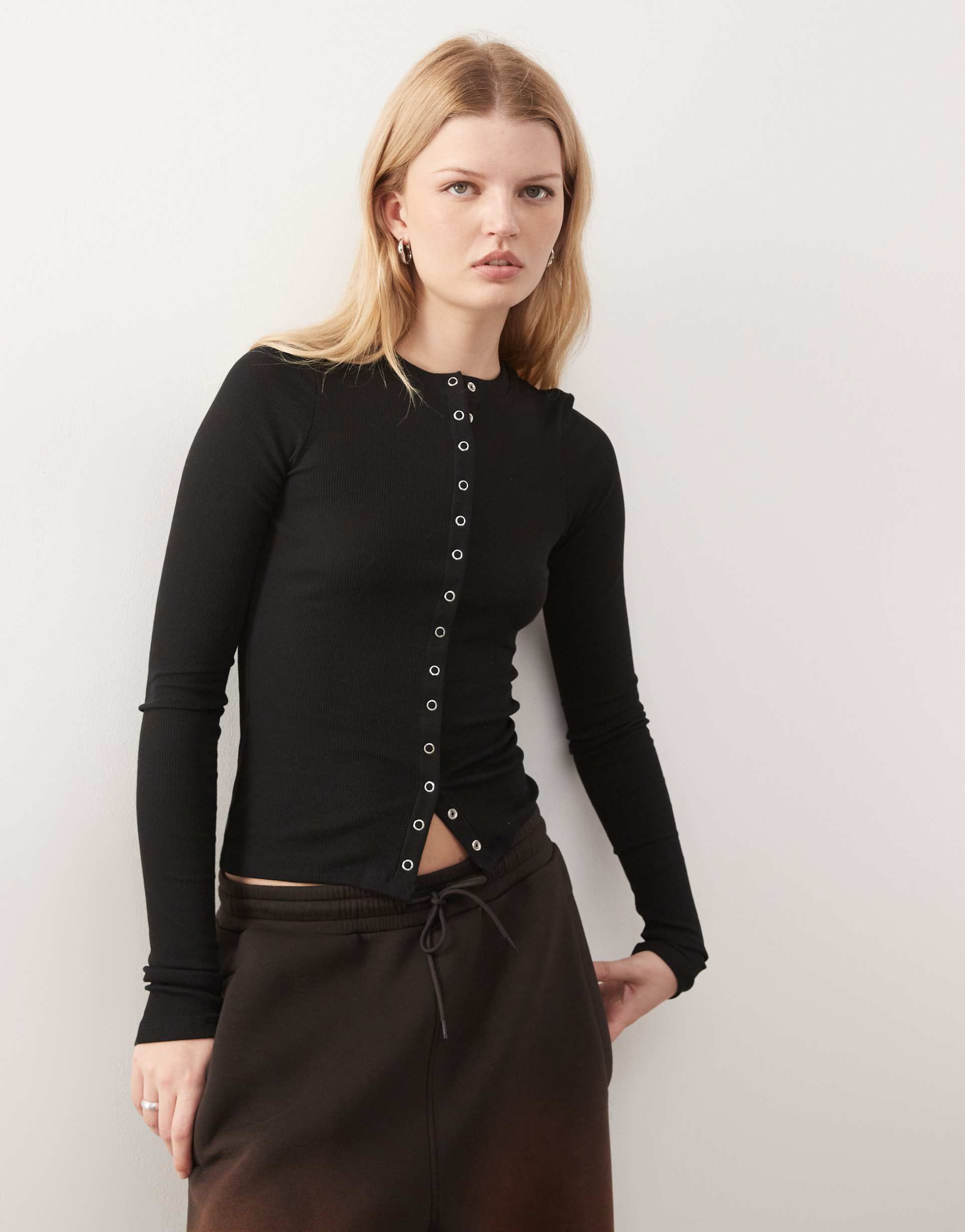 weekday slim fit button front long sleeve top in black