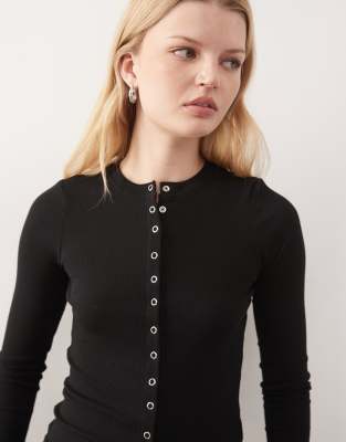 Weekday Slim Fit Button Front Long Sleeve Top In Black