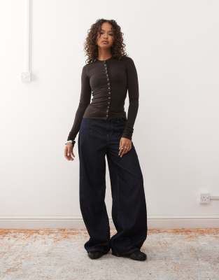 Weekday Slim Fit Button Front Long Sleeve Top In Brown