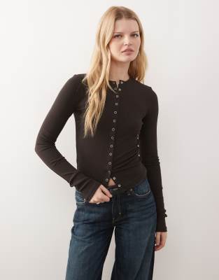 Weekday Slim Fit Button Front Long Sleeve Top In Brown