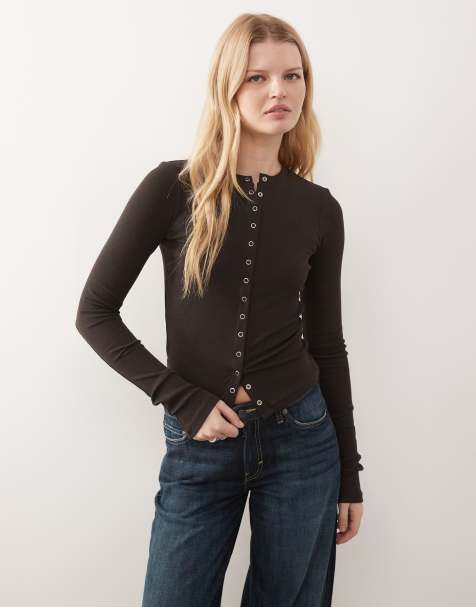 Weekday slim fit button front long sleeve top in dark brown - view 1