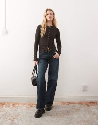 Weekday Slim Fit Button Front Long Sleeve Top In Brown