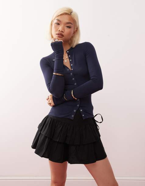 Weekday slim fit button front long sleeve top in navy - view 1