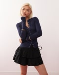 [Weekday] Weekday slim fit button front long sleeve top in navy XS Navy