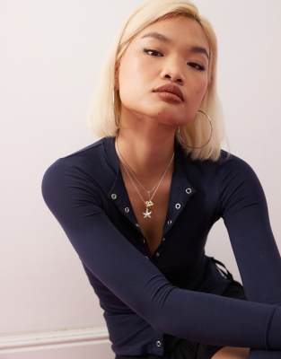 Weekday Slim Fit Button Front Long Sleeve Top In Blue