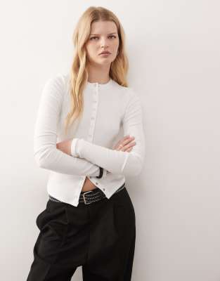 Weekday Slim Fit Button Front Long Sleeve Top In White