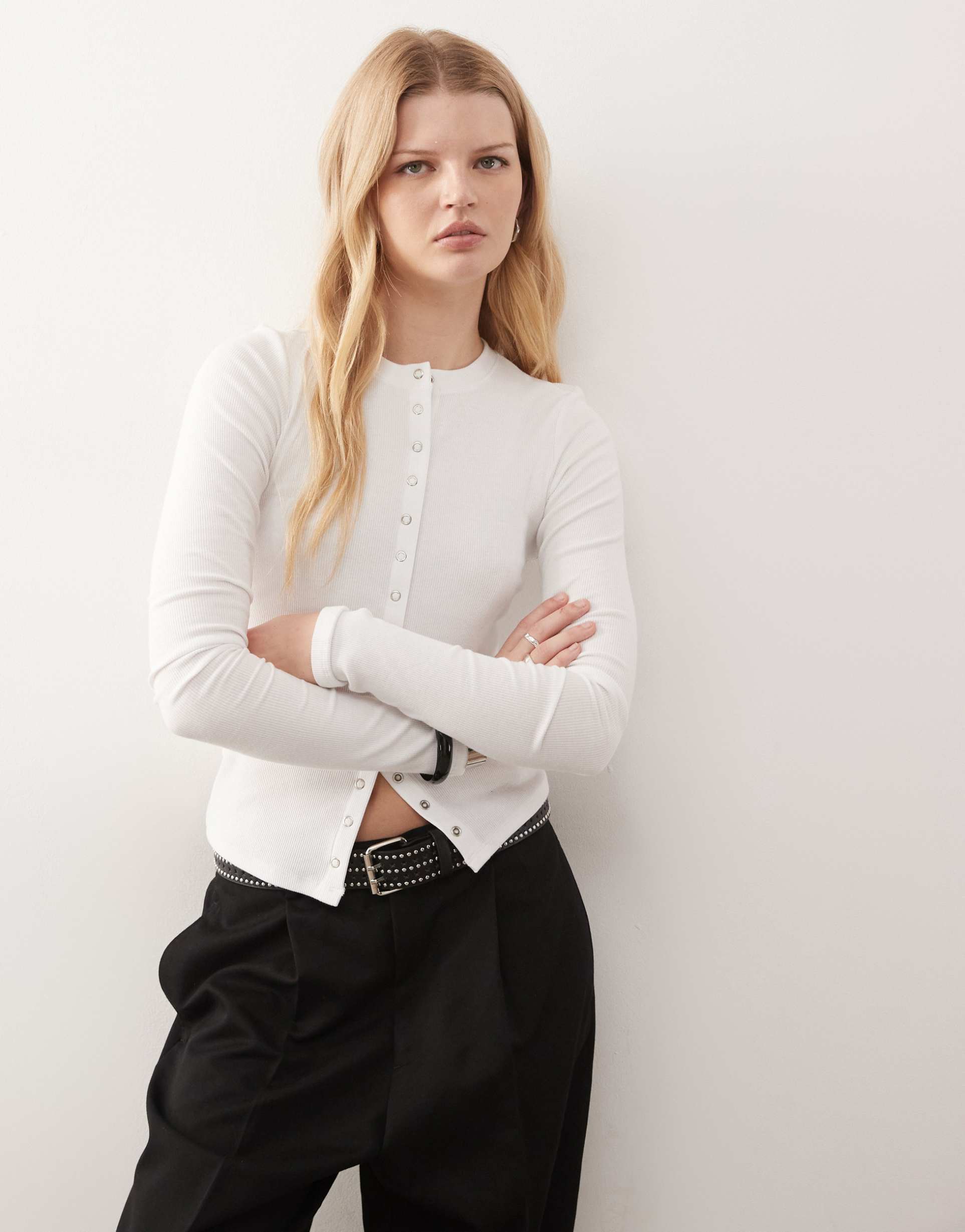 weekday slim fit button front long sleeve top in white