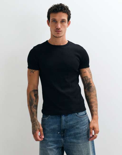 Weekday - Slim-fit geribbeld T-shirt in zwart, 5 van 5