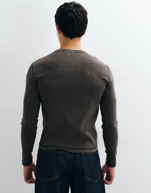 Weekday slim-fit geribd T-shirt met lange mouwen in gewassen bruin, 3 van 8