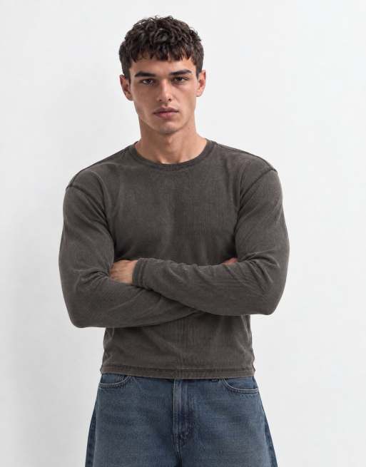 Weekday slim-fit geribd T-shirt met lange mouwen in gewassen bruin, 6 van 8