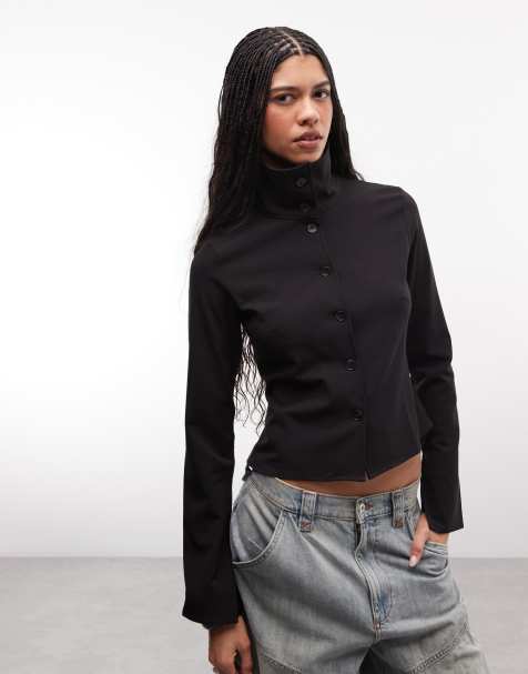 Weekday – Slim-Fit-Hemdbluse in Schwarz mit Stehkragen - view 1