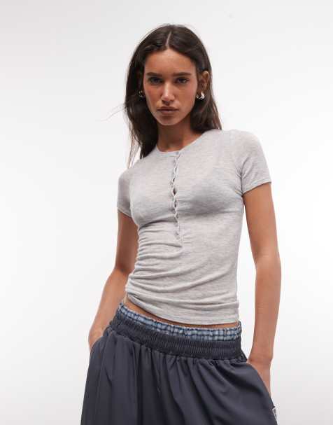 Weekday - Slim-fit Henley T-shirt in gemêleerd grijs - view 1