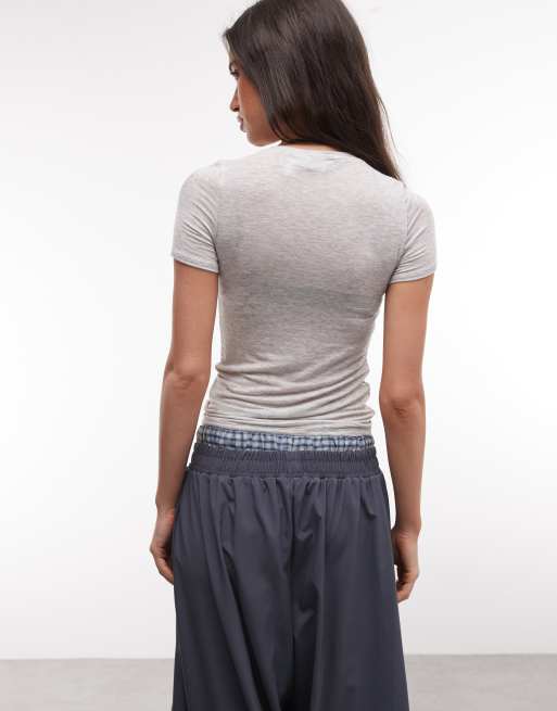 Weekday slim fit henley t-shirt in grey melange, 4 of 4