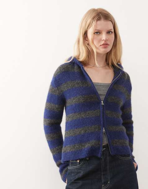 Weekday slim fit knit hoodie in blue and gray stripes - view 1