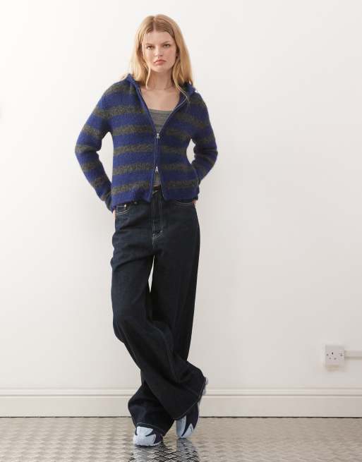 Weekday slim fit knit hoodie in blue and gray stripes, 2 of 4