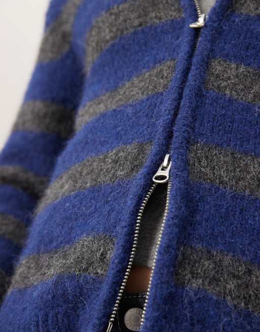 Weekday slim fit knit hoodie in blue and gray stripes, 3 of 4
