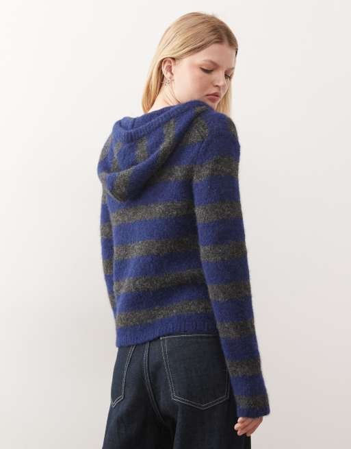 Weekday slim fit knit hoodie in blue and gray stripes, 4 of 4