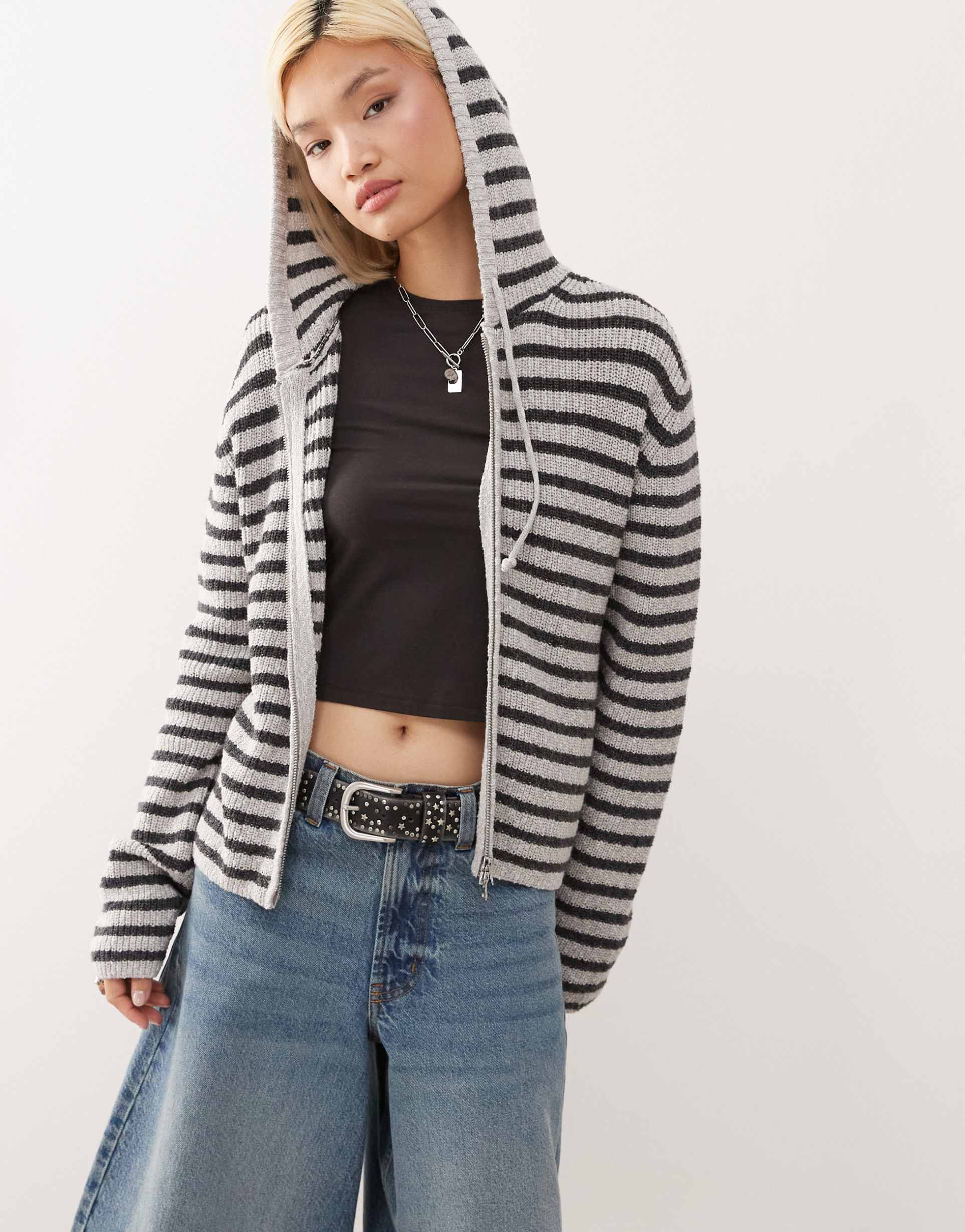weekday slim fit knit hoodie in gray and black stripes