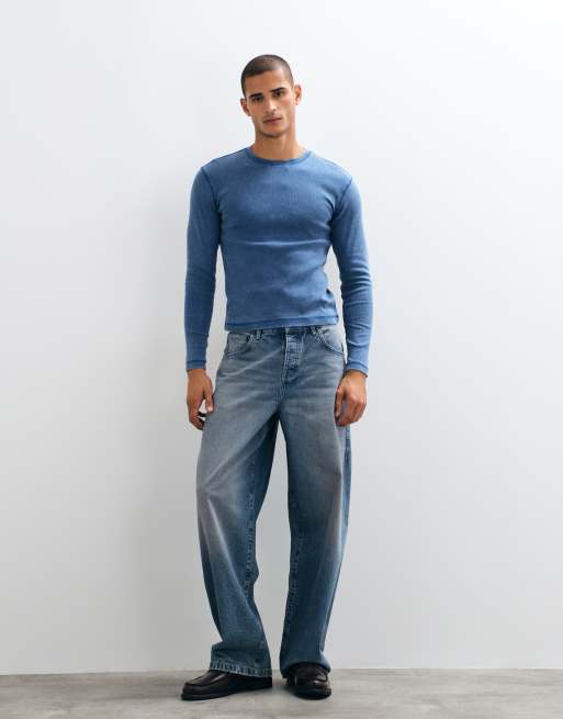 Weekday slim fit long sleeve rib t-shirt in dark blue wash, 2 of 5